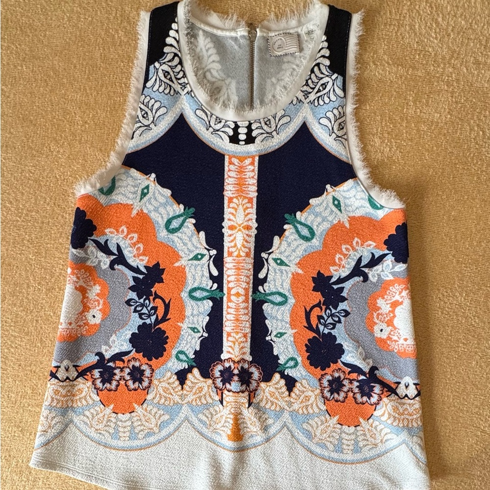 Anthropologie Multicolor Embroidered Tank Top - Navy, Orange, Teal, Cream